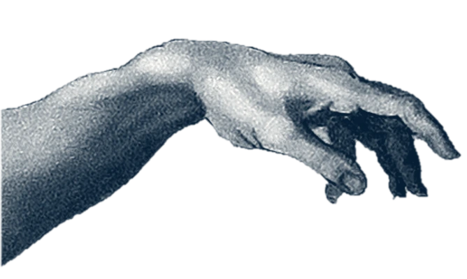 A hand reaching in from the left, rendered in navy engraving tones.
