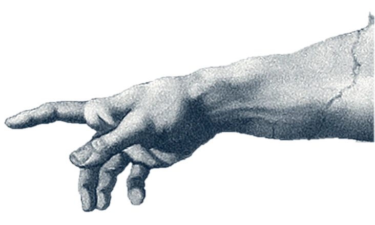 A hand reaching in from the right, index finger extended, rendered in navy engraving tones.